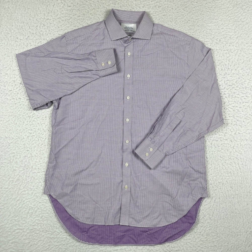 Charles Tyrwhitt Dress Shirt Mens 17/34 Purple Micro Houndstooth Classic Cotton